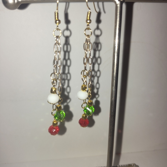 Elegant Gold Chain Earrings with Red and Green Beads - Picture 1 of 2